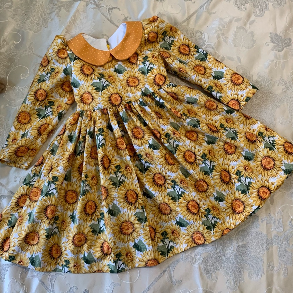 Hand Crafted Yellow Sunflower Print Girls Dress with Orange Peter Pan Collar